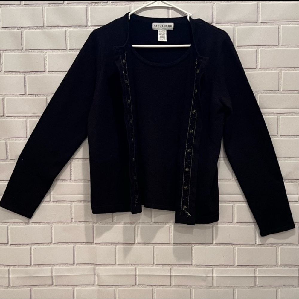 Sag Harbor Black Knit Twinset 2-Piece Cardigan & Shell - Small Embellished Trim - Picture 7 of 9